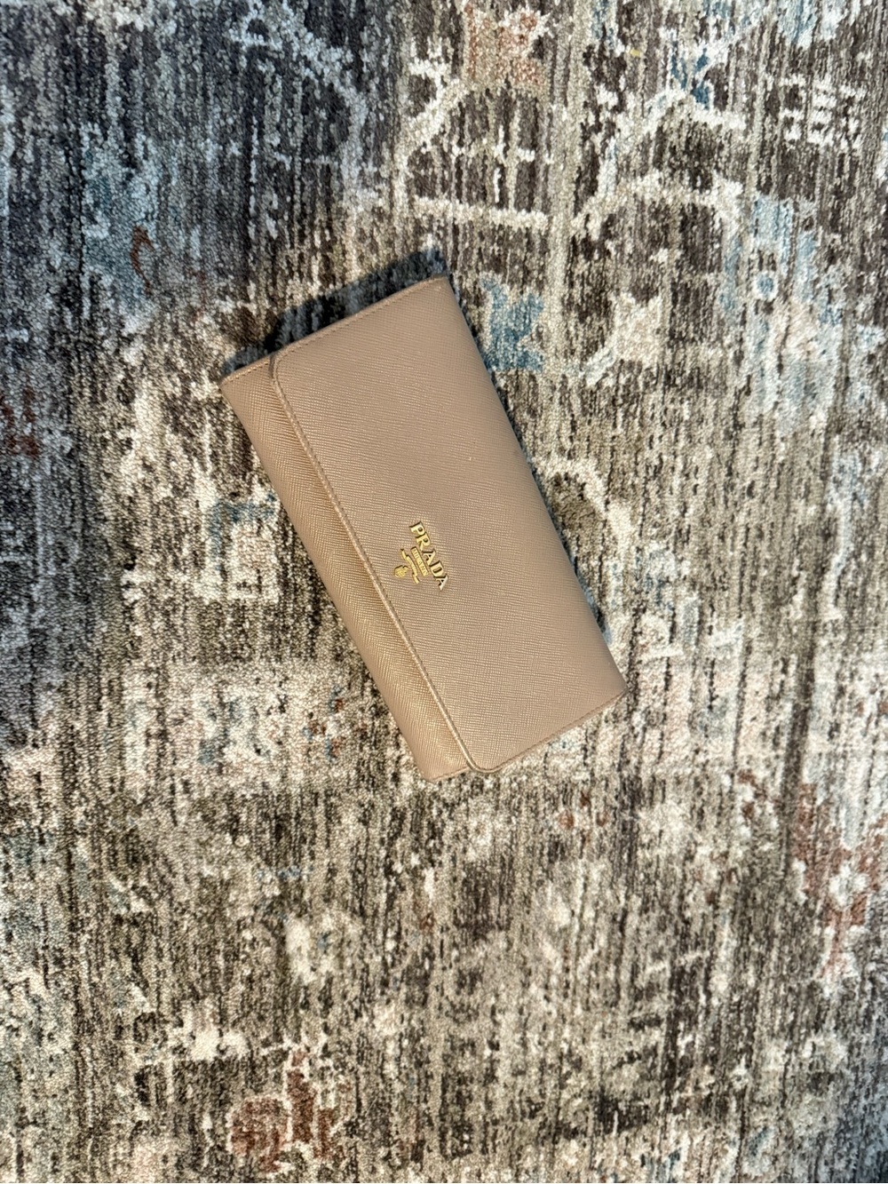Prada Taupe Saffiano Leather Card Holder with Gold Logo